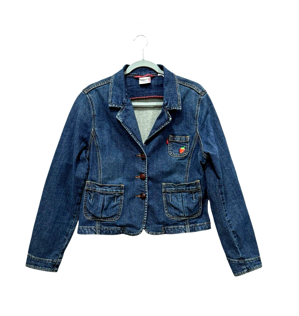 Levi's Blue Denim Jean Red Tab Jacket Women's Size XL Embroidered Strawberry
